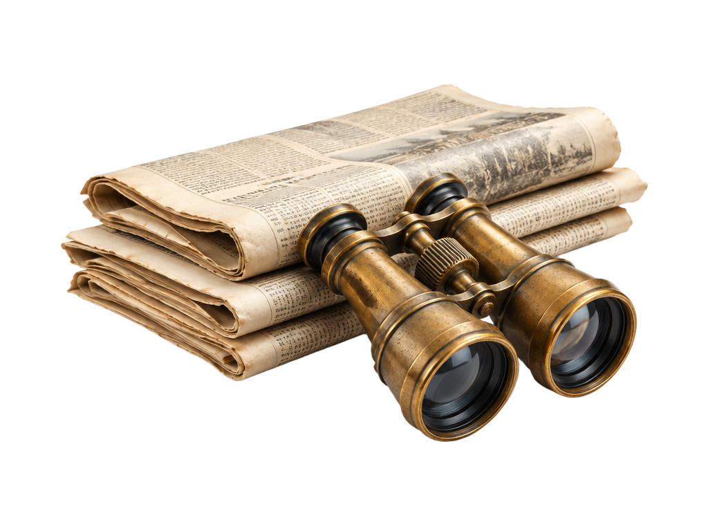 Folded newspapers and brass binoculars