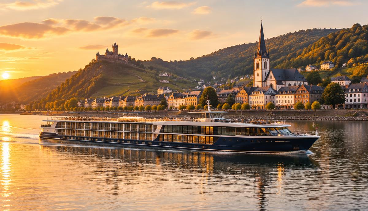 Luxury river ship passing a European town