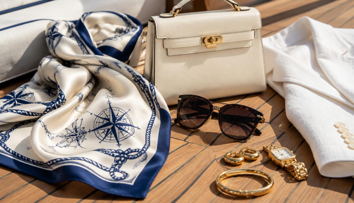 Luxury cruise fashion accessories arranged on a teak deck